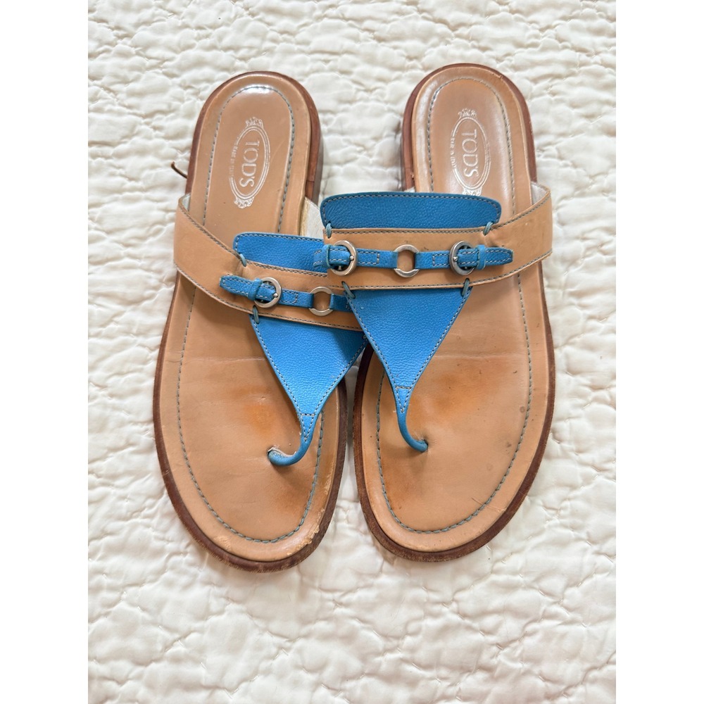 Tods Womens Leather Sandals Blue Tan Buckle T-Strap Slides Made in Italy 7.5‎